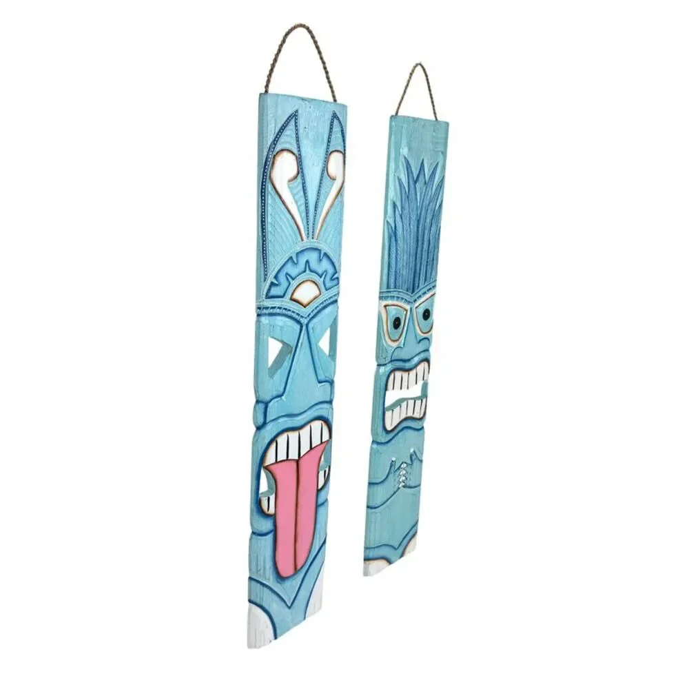 Set of 2 Aqua Tiki Wall Plaques Hand Carved Wood 39 Inch Tall Coastal Decor